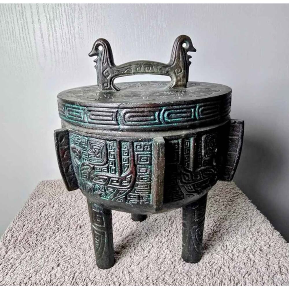 James Mont Verdigris Mayan Asian Style Ice Bucket Cast Metal Bronze Patina 1960s
